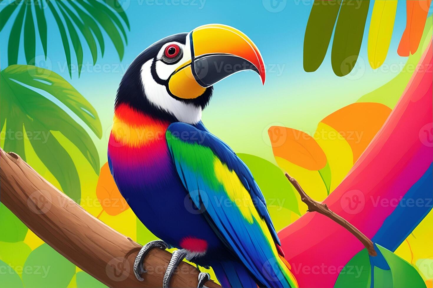 Rainbow toucan witting on the tree close up colorful. photo