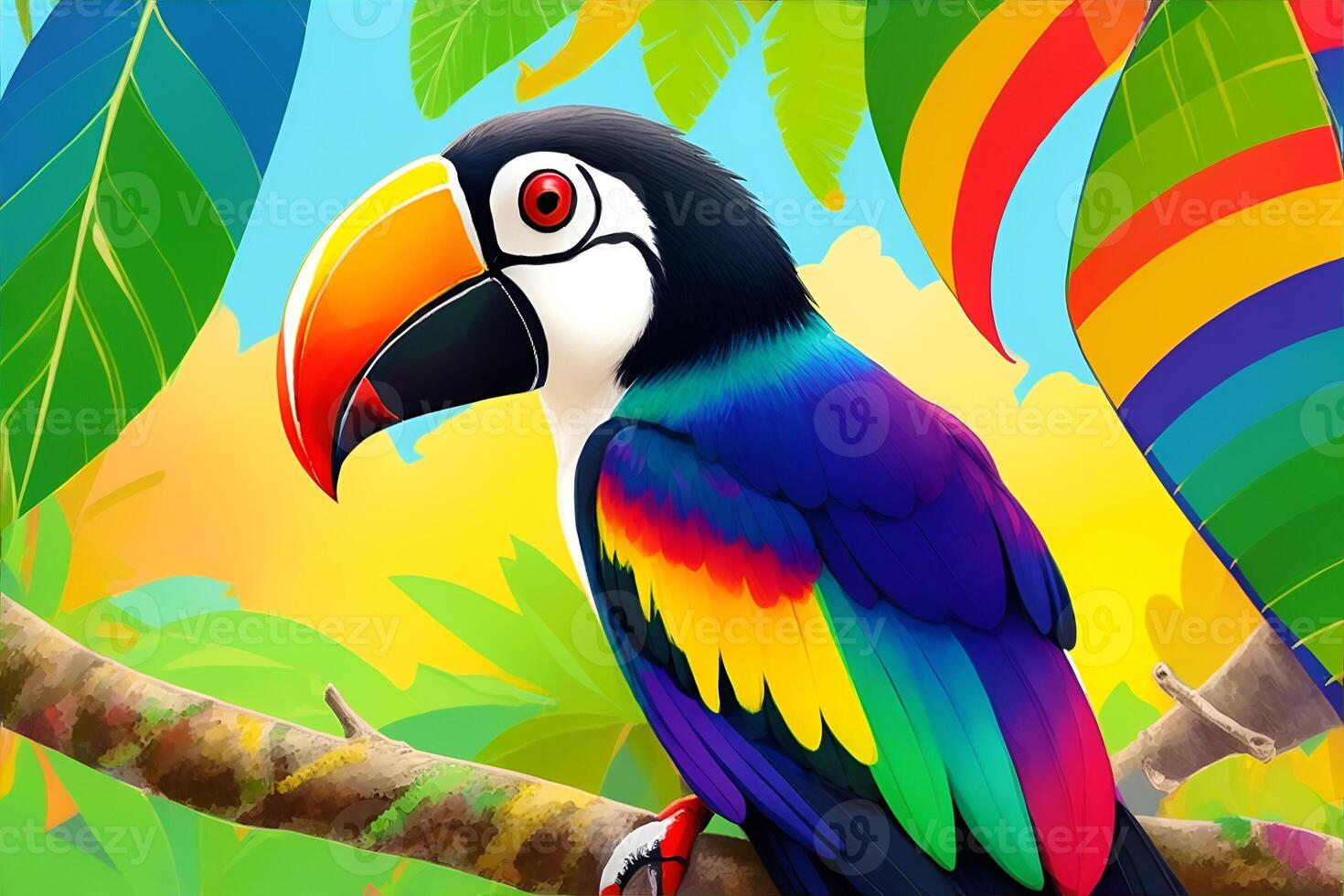 Rainbow toucan witting on the tree close up colorful. photo