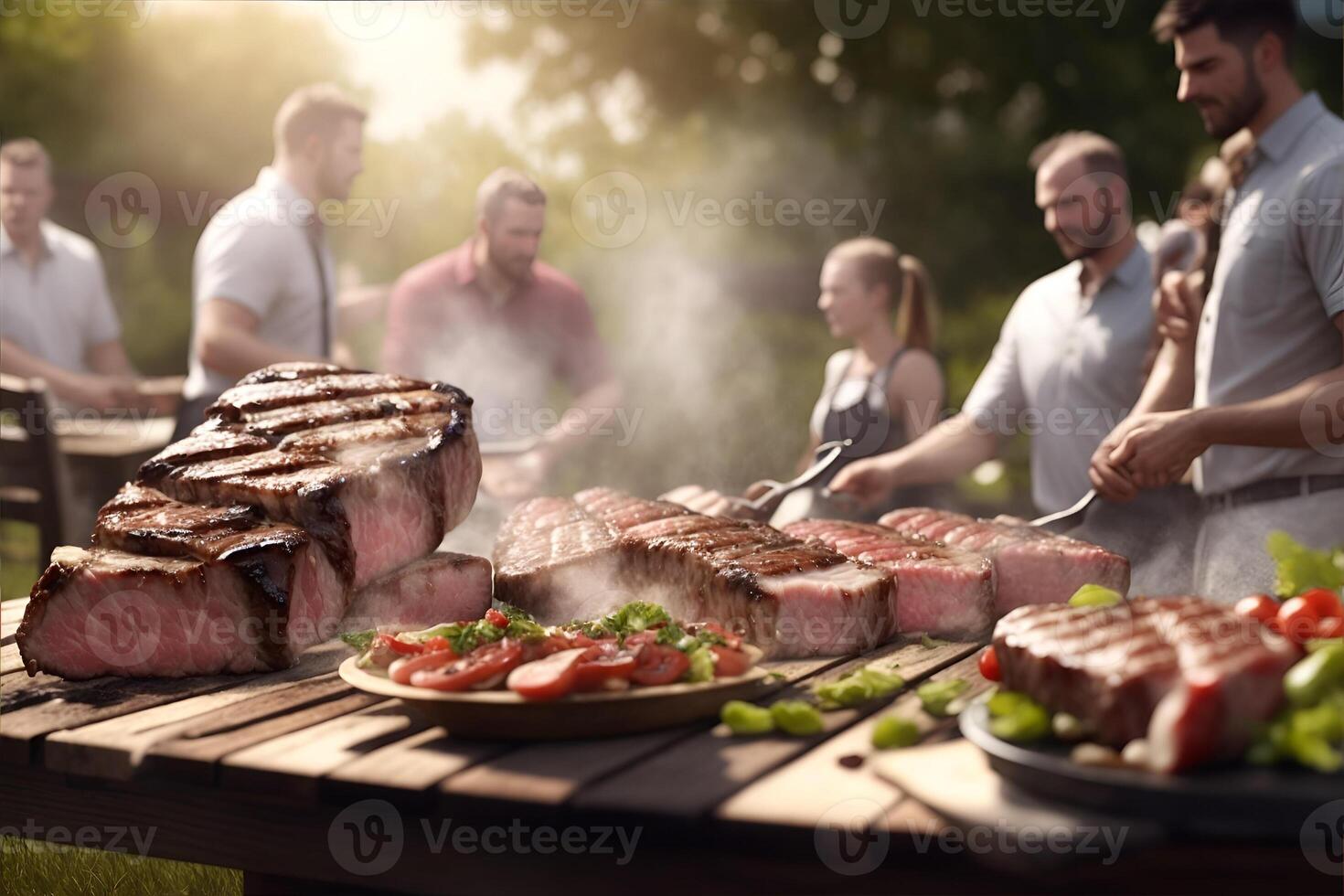 Steaks close up prepared on barbeque. AI Generated photo