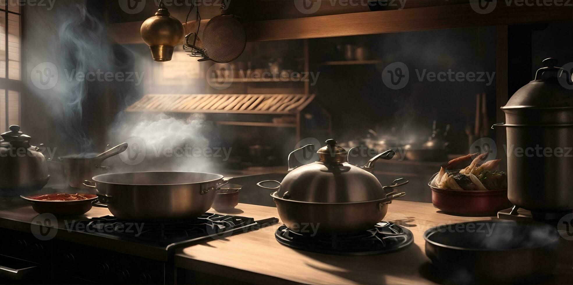 un asiático restaurante cocina, fuego y fumar en el gas cocina. ai generado foto