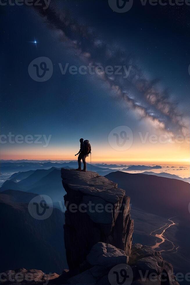 Hiker at the summit of a mountain overlooking a stunning view. AI Generated photo