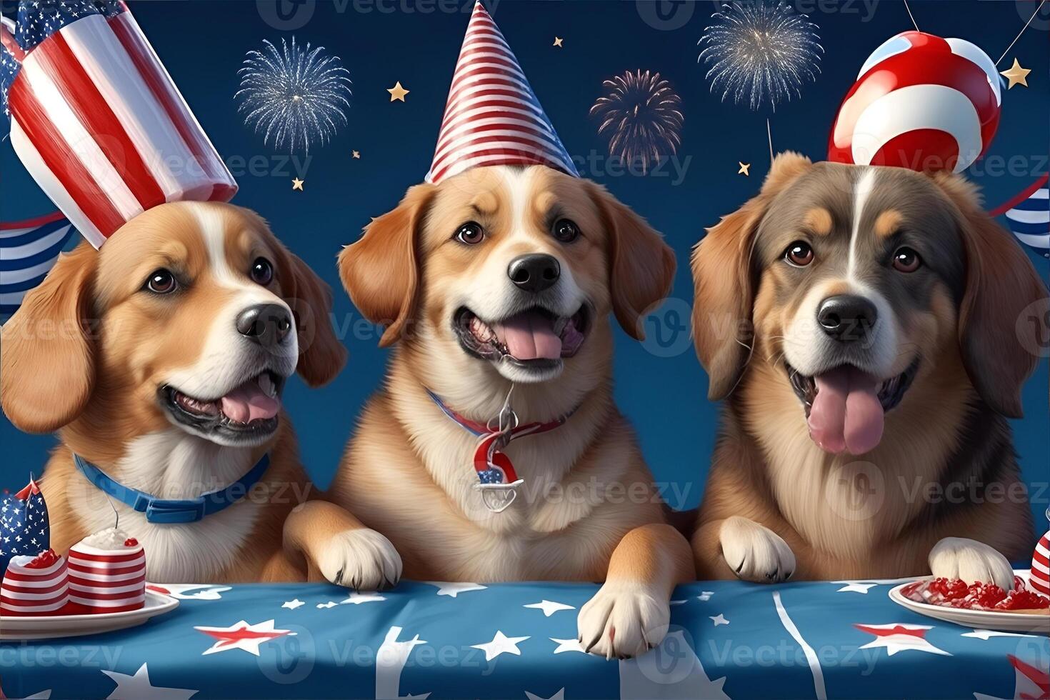 Three dogs having fourth of july party. AI Generated photo