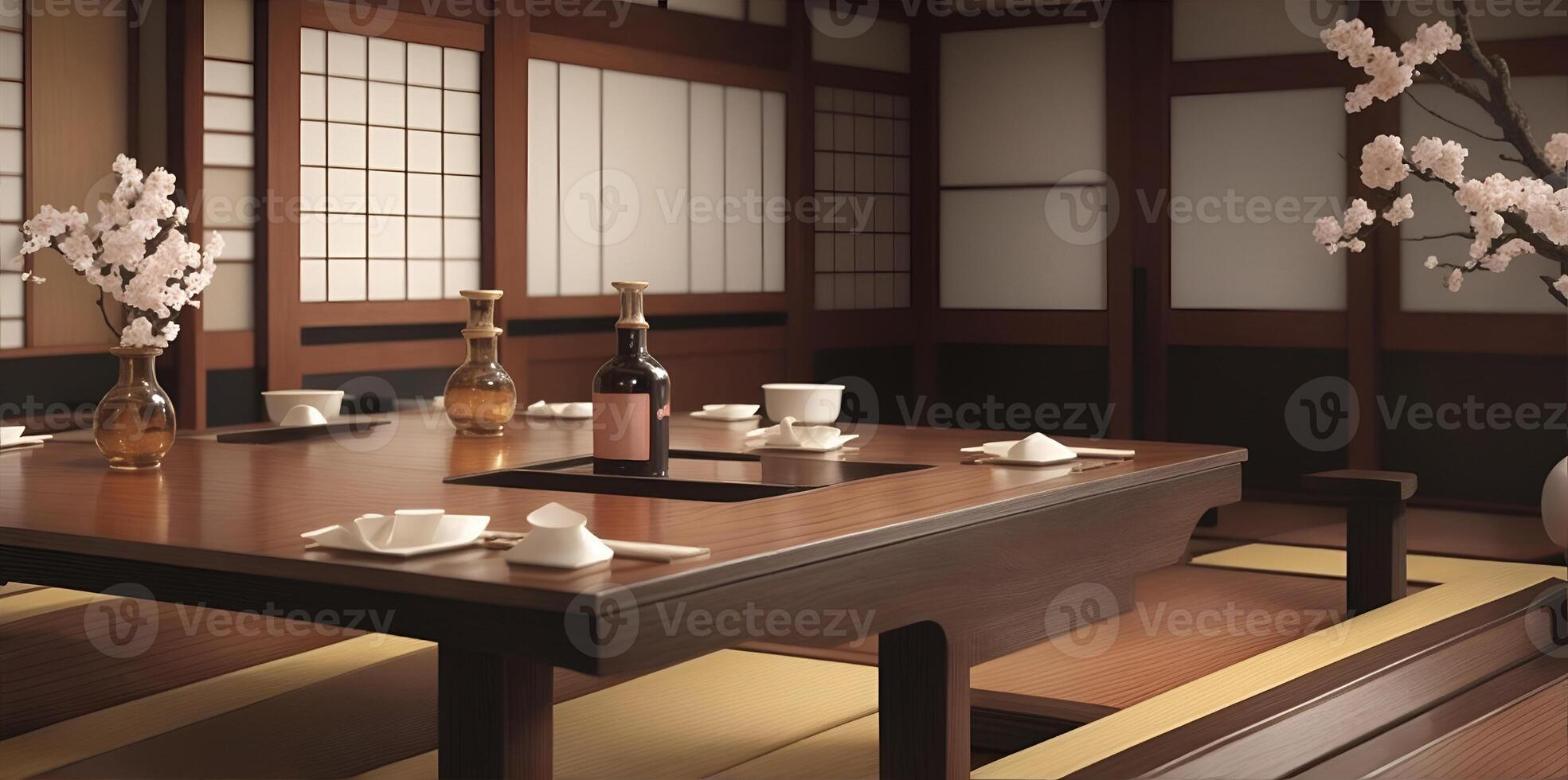 Japanese restaurant. tables in a classic style traditional Japanese style restaurant. AI Generated photo