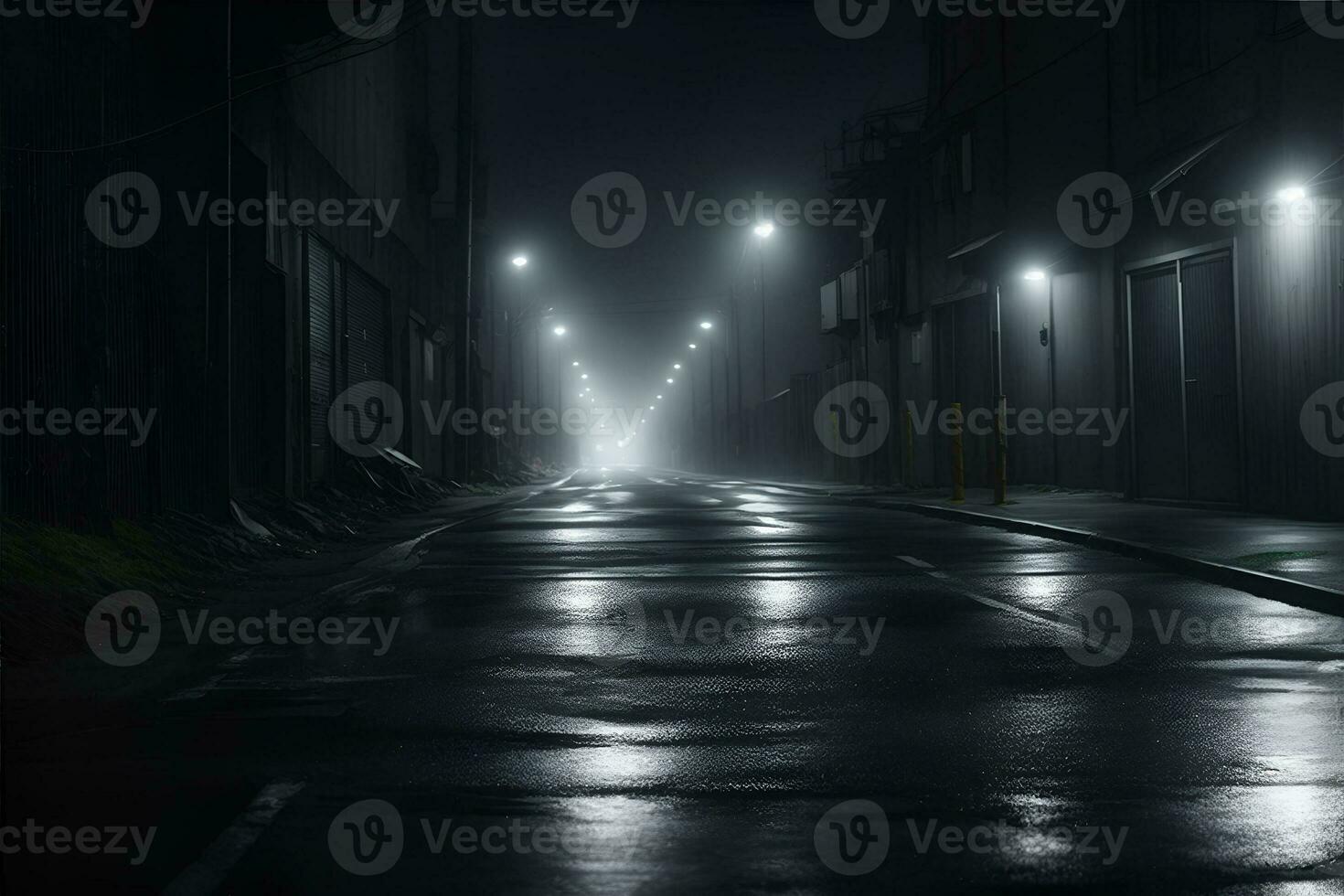 Midnight road or alley with car headlights pointed this way. AI Generated photo