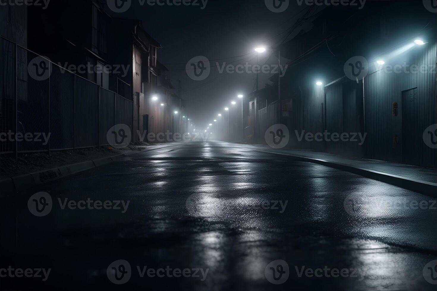 Midnight road or alley with car headlights pointed this way. AI Generated photo