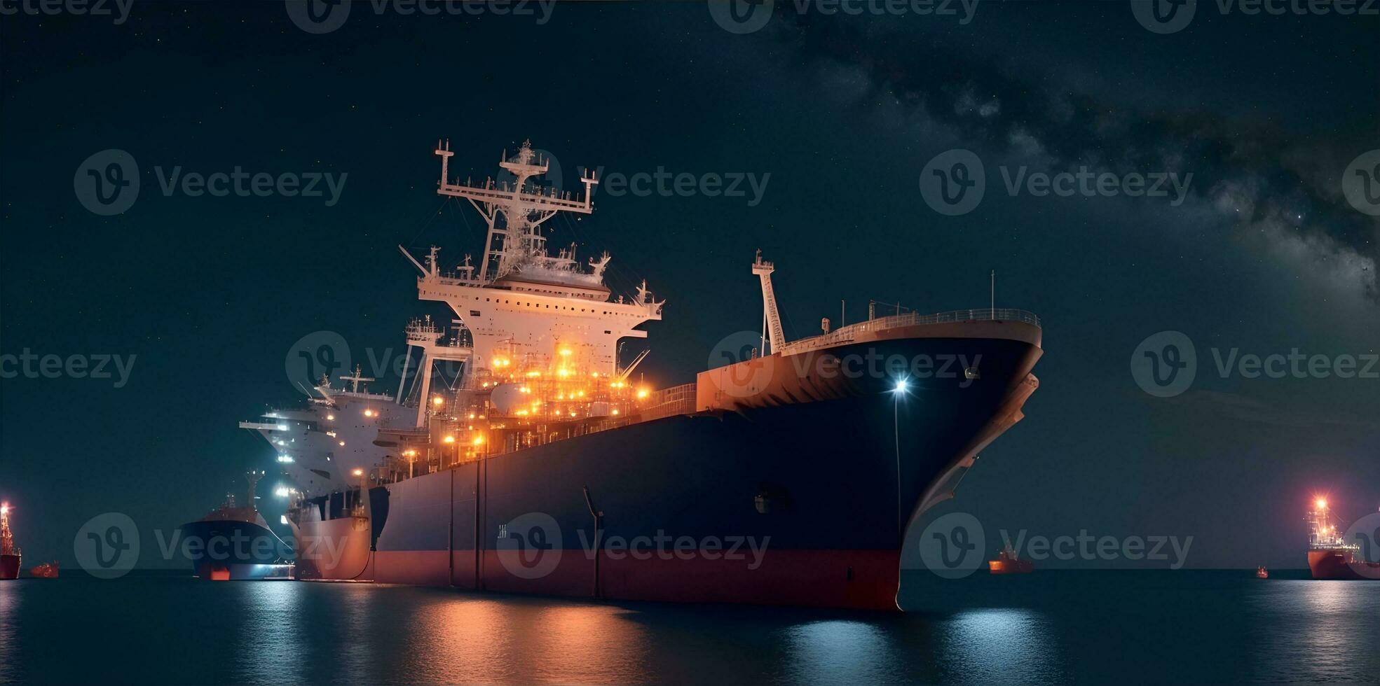 Oil tanker docked in an offshore dock at night or dawn sea. AI Generated photo