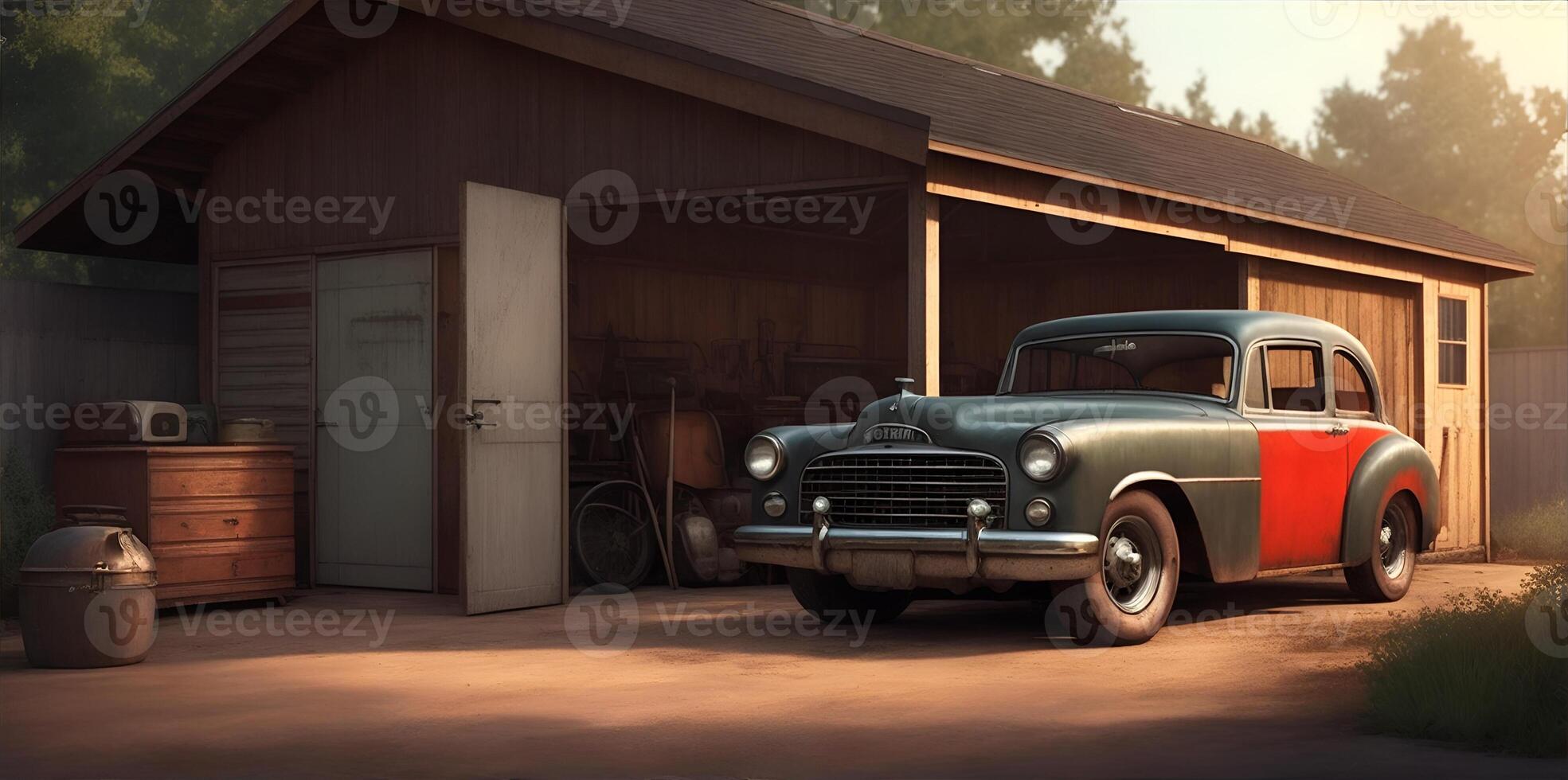 Old garage or shed with a vintage car. photo