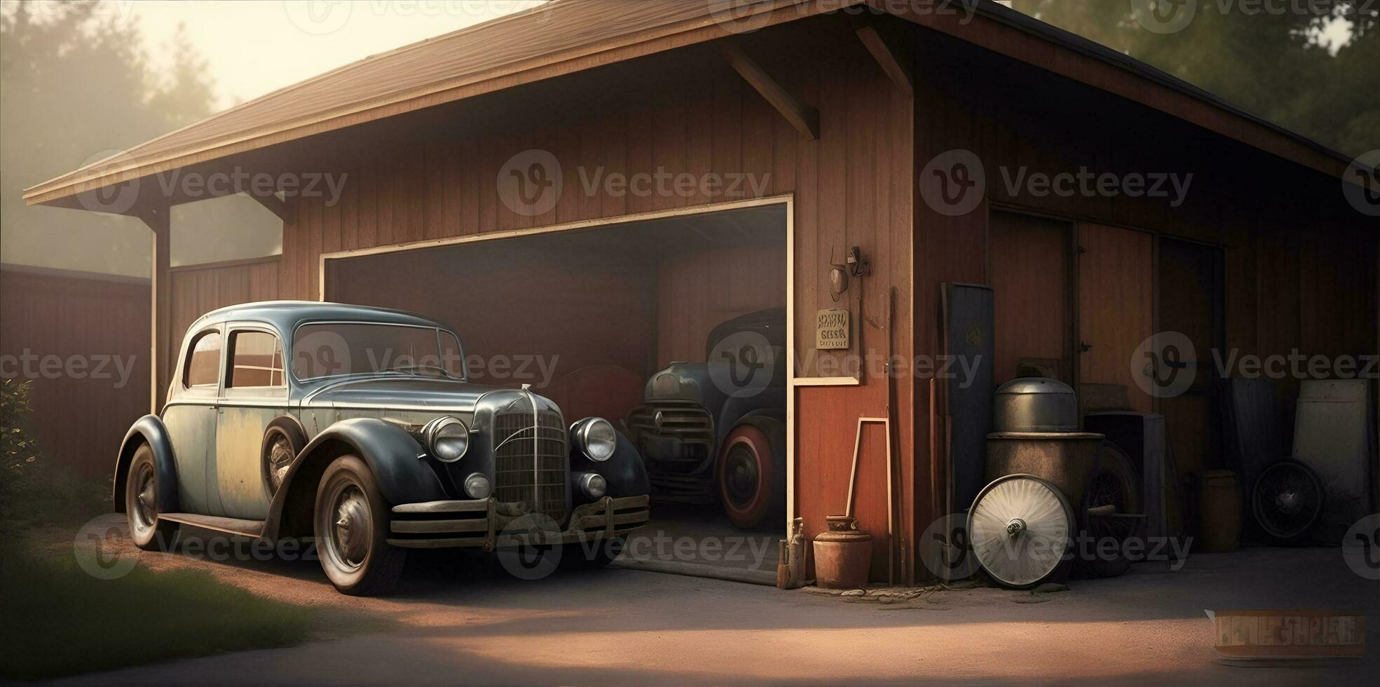 Old garage or shed with a vintage car. AI Generated photo