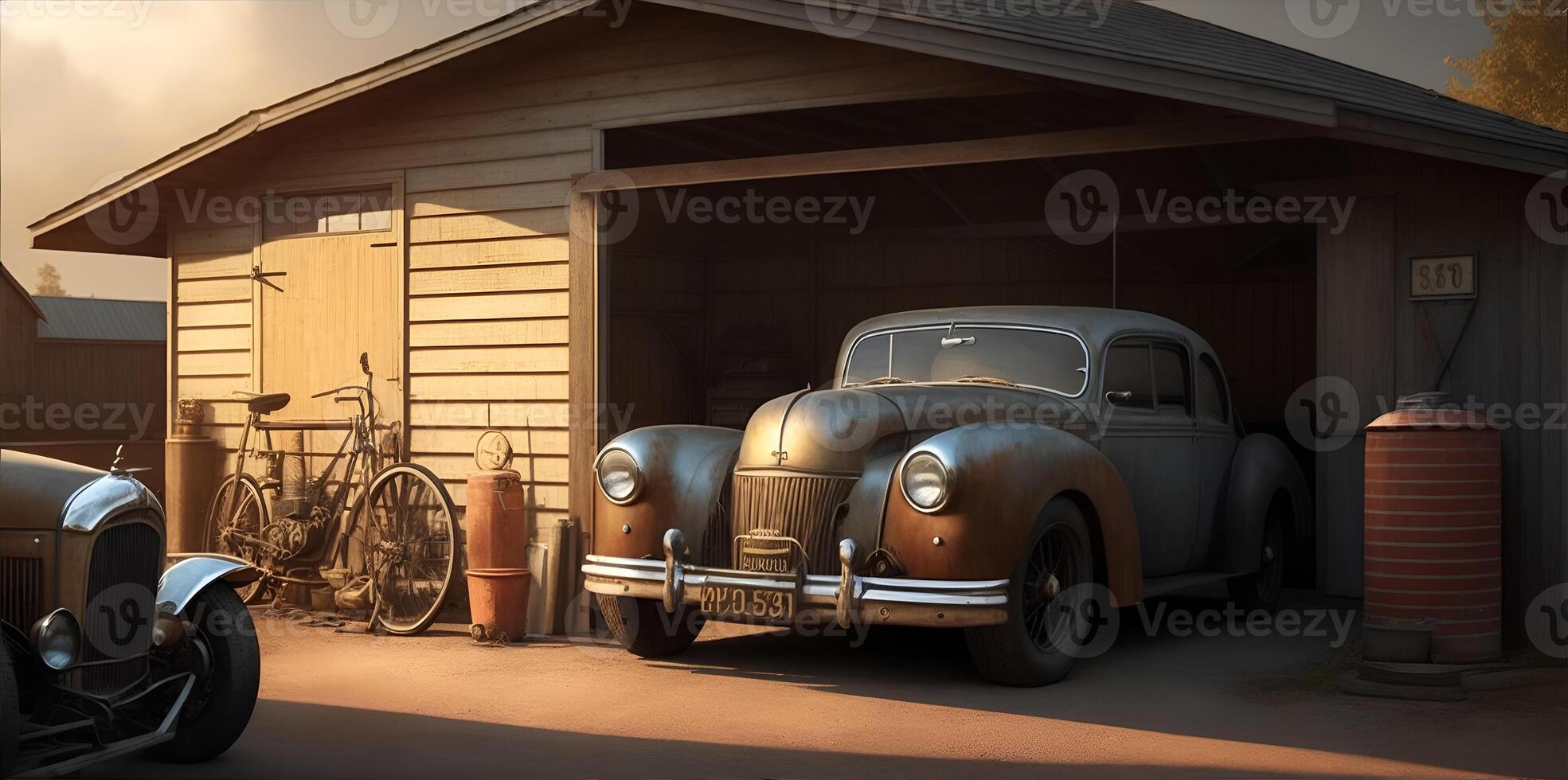 Old garage or shed with a vintage car. photo