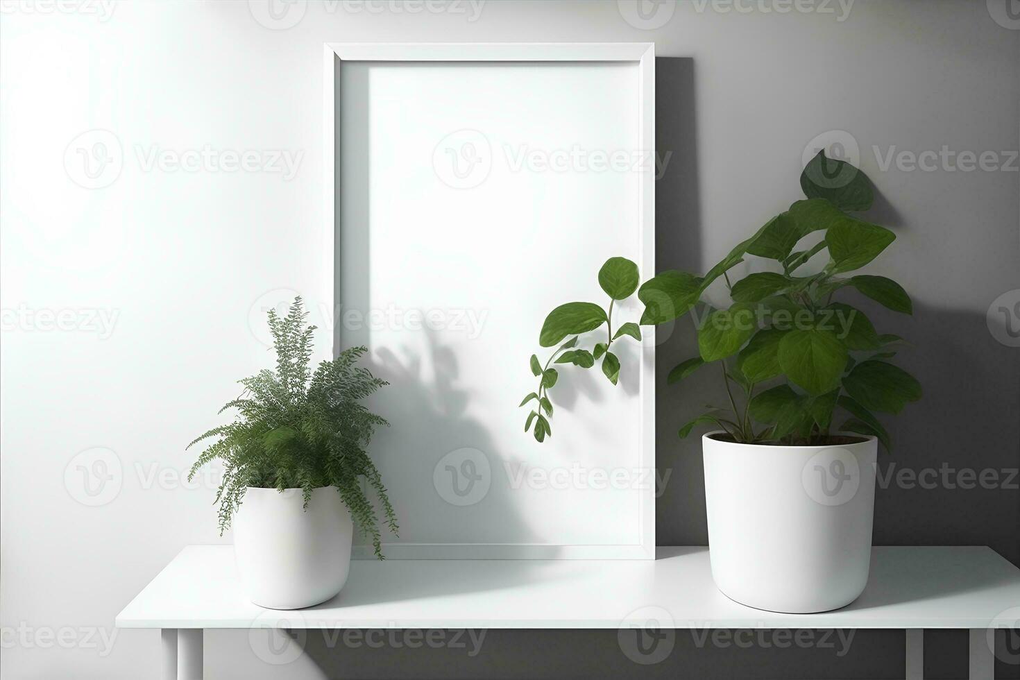 Rectangular vertical frame mockup in scandi style interior with trailing green plants and shelf on empty neutral white wall background. AI Generated photo