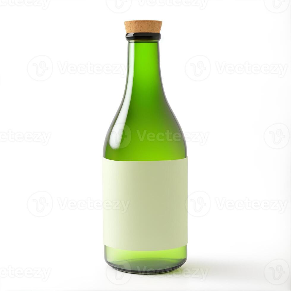 Sake bottle with blank label, isolated on white photo