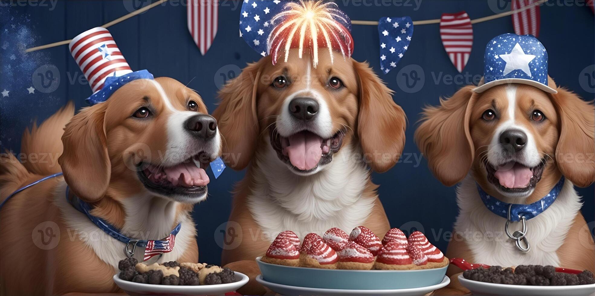 Three dogs having fourth of july party. AI Generated photo