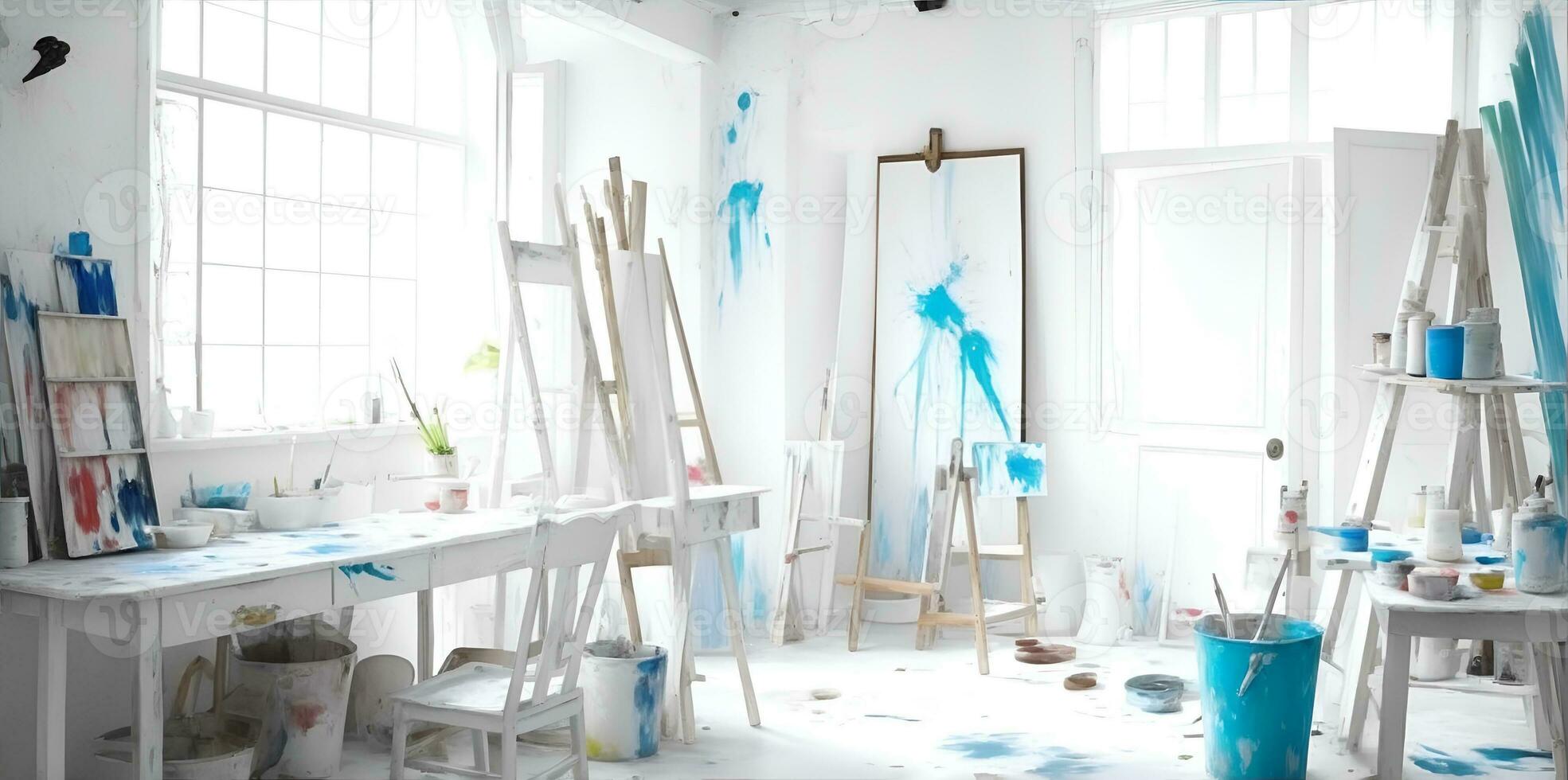 White atelier. A painter or artist atelier, craft room, with white interior. AI Generated photo