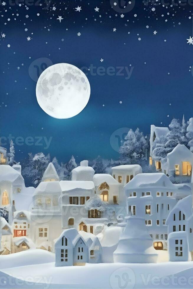 invierno nieve urbano campo paisaje ciudad pueblo con lleno Luna. ai generado foto