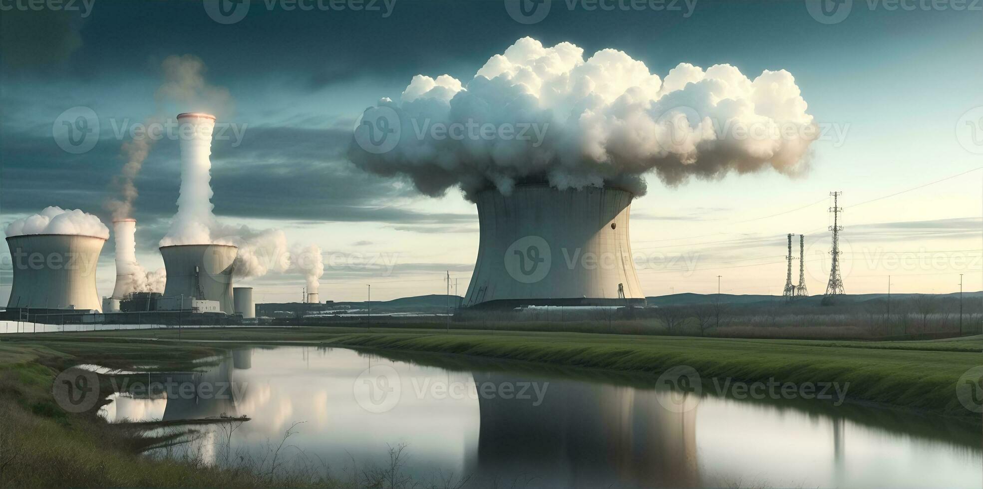 Typical nuclear reactor in the distance. AI Generated photo