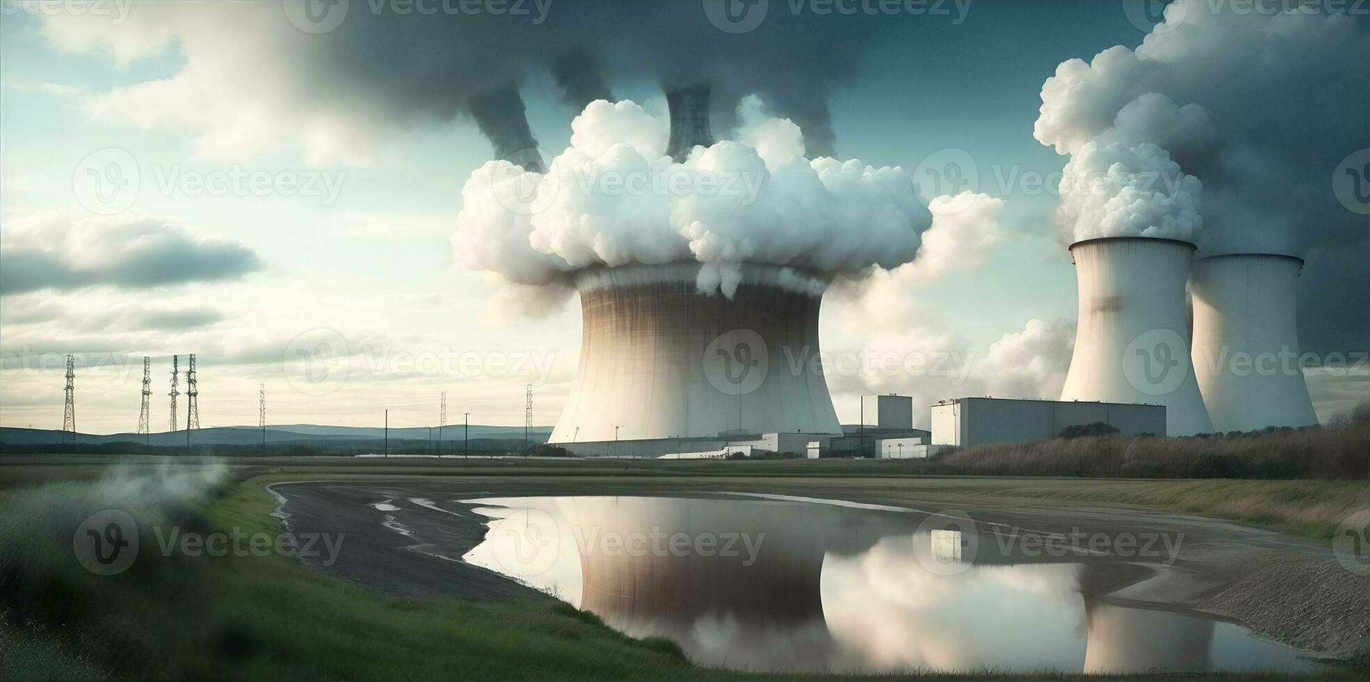 Typical nuclear reactor in the distance. AI Generated photo