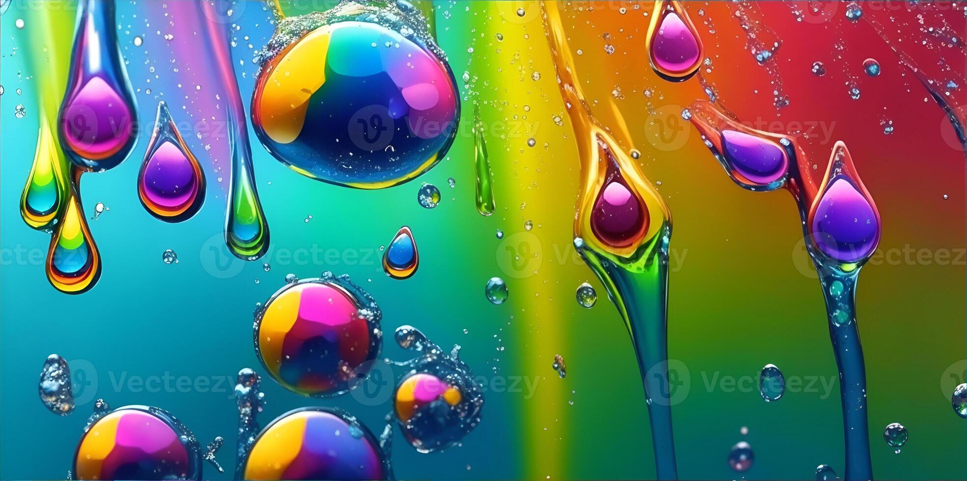 A rainbow colored background with water drops. Generative AI photo