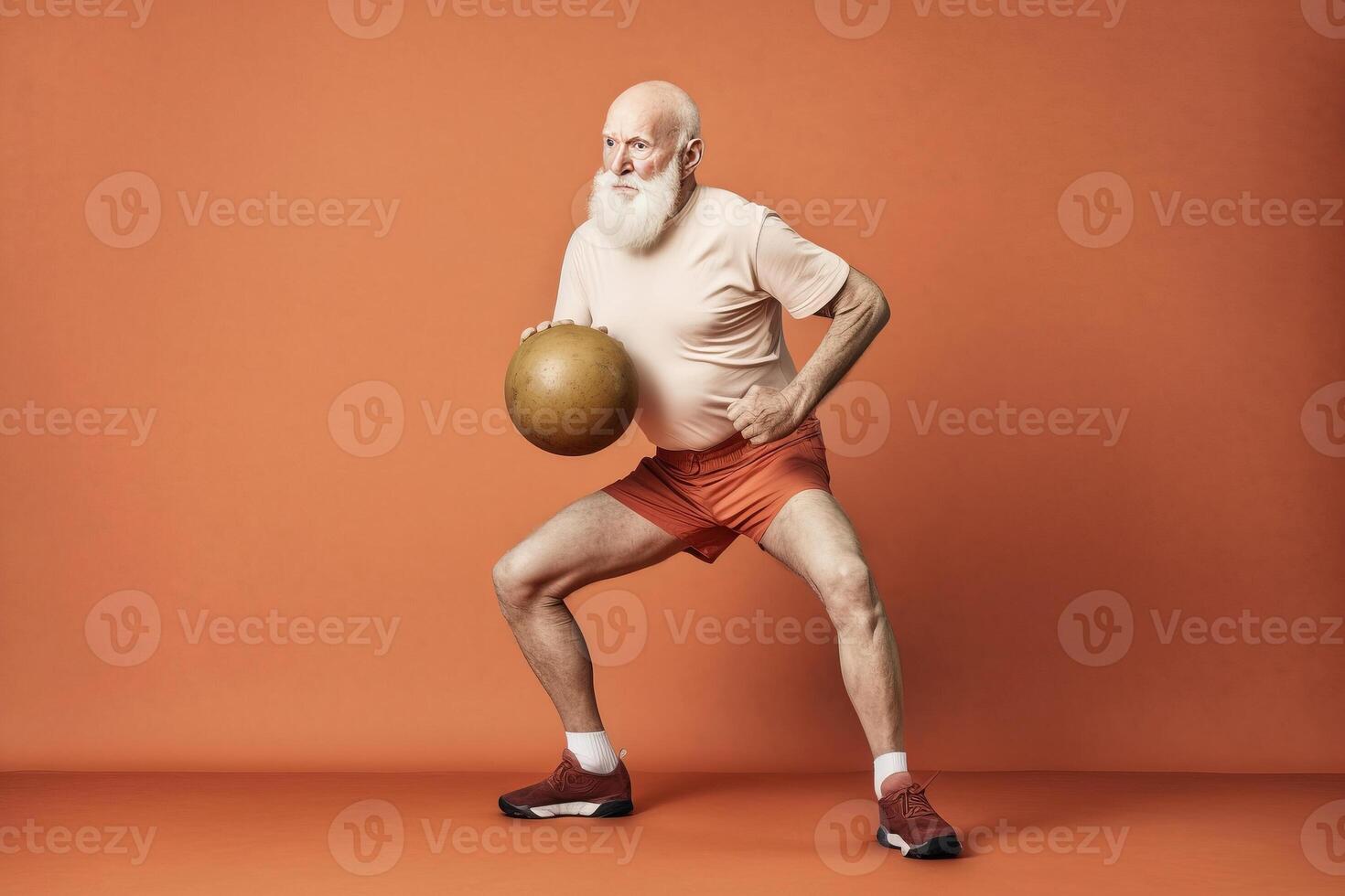 Happy old man doing sport on color studio background. photo