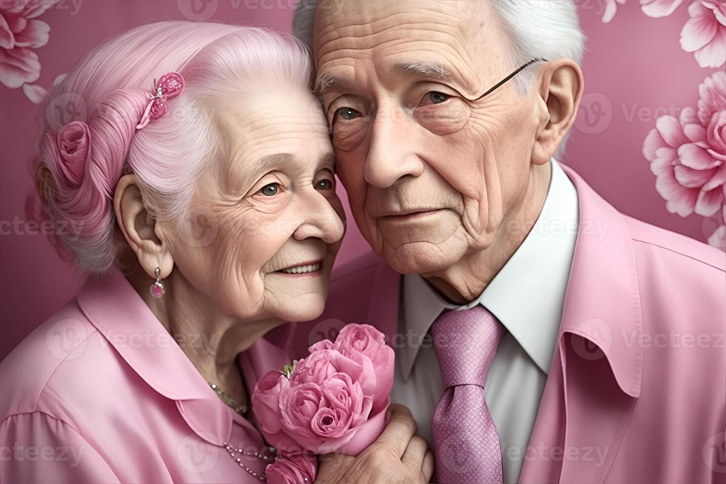 Romantic grandparents couple on a studio background. Generative AI photo