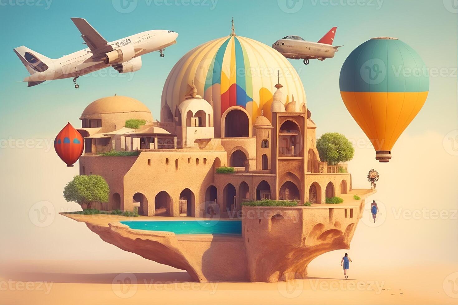 Abstract image of baggage with elements of travel destination. photo
