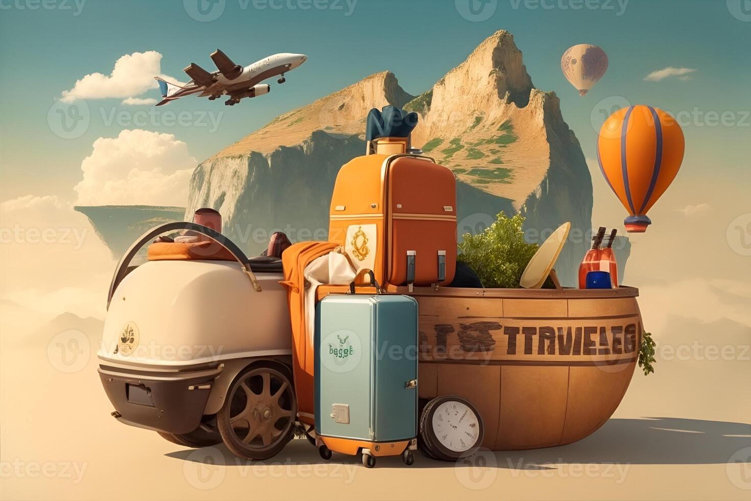 Image of baggage with elements of travel destination. photo
