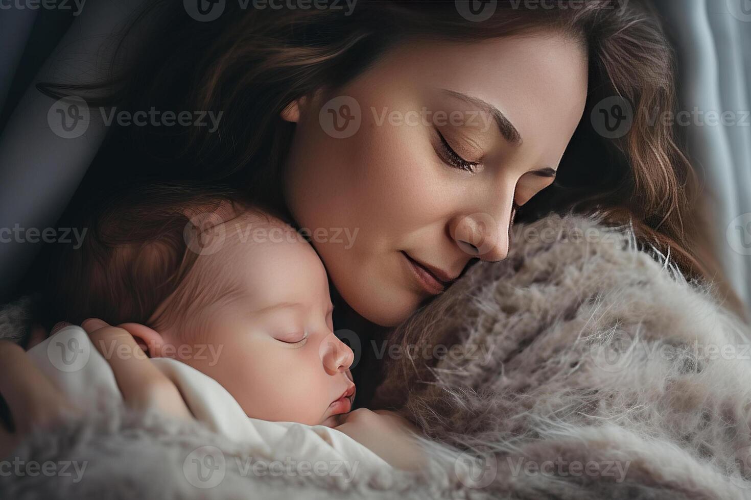 Authentic capture of a Caucasian mother and her newborn baby. AI Generated photo