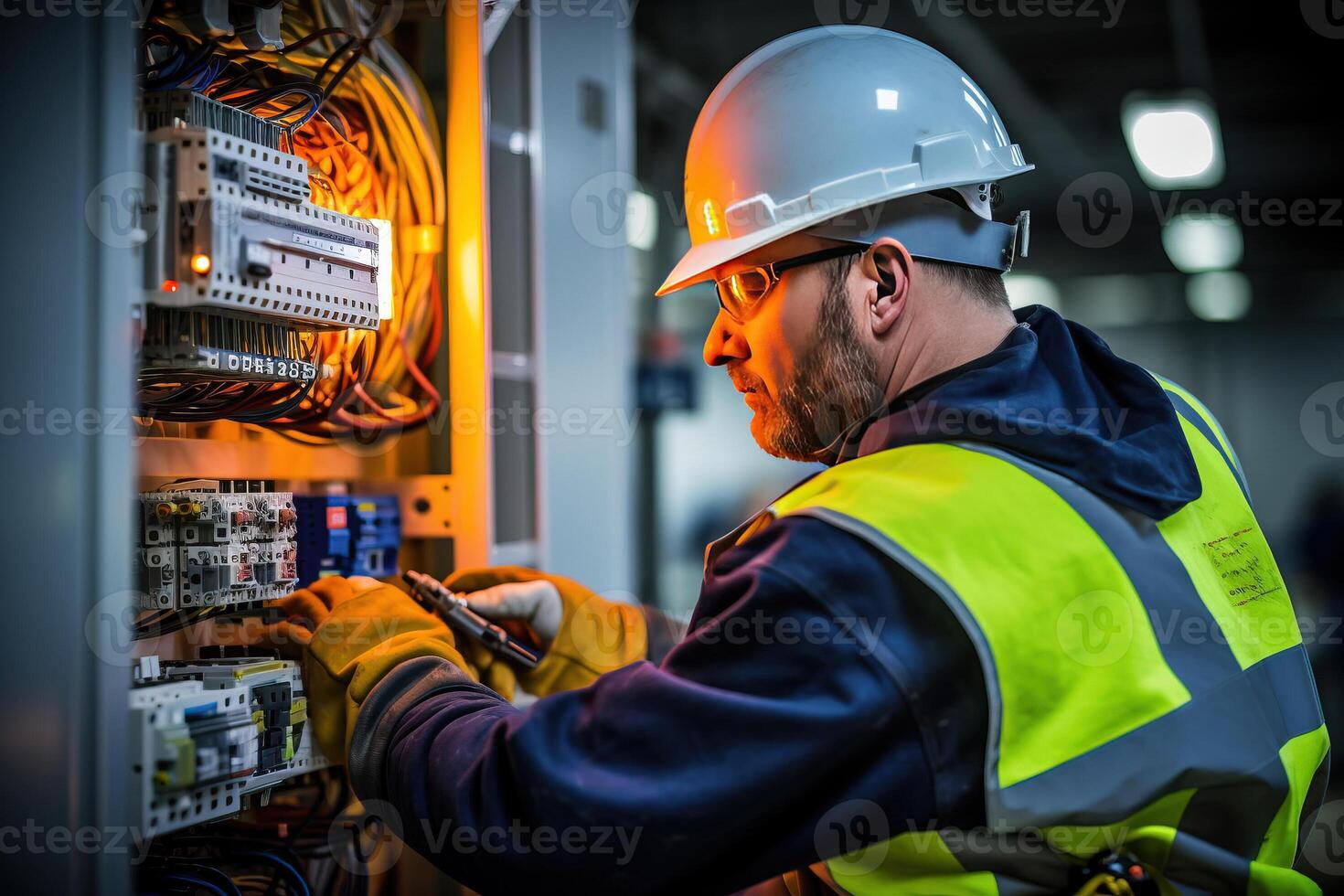 Male commercial electrician at work. AI Generated photo