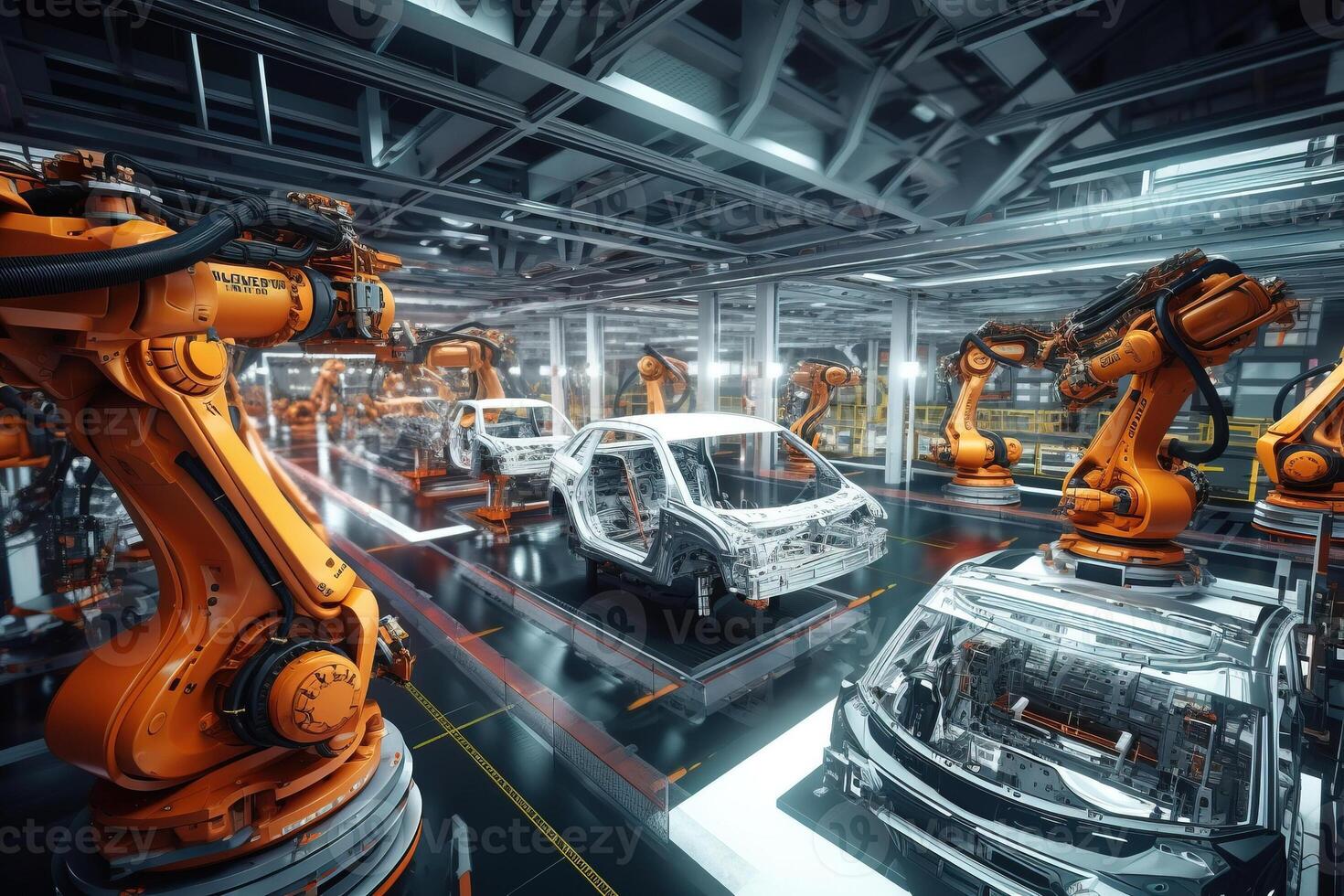 Car Factory 3D Concept Automated Robot Arm Assembly. photo