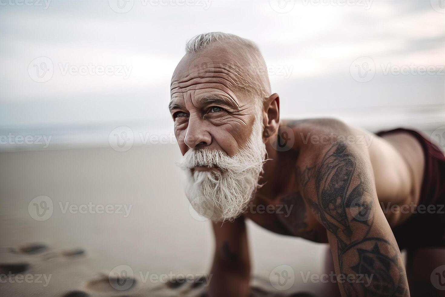 cerca arriba retrato antiguo maduro hombre haciendo yoga en el playa. ai generado foto