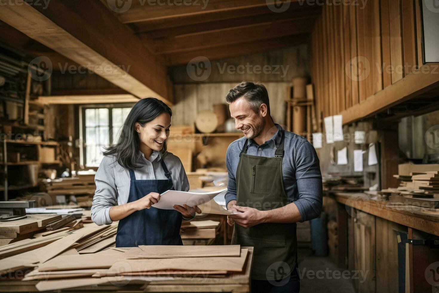 Couple of woodworkers discussing papers and working. AI Generated photo