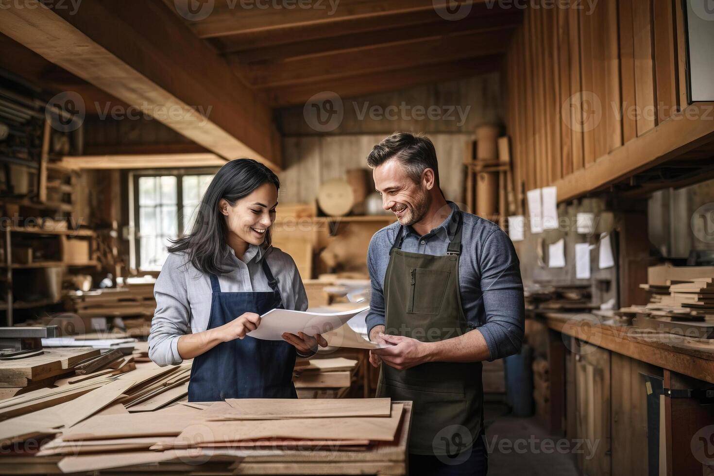 Couple of woodworkers discussing papers and working. photo