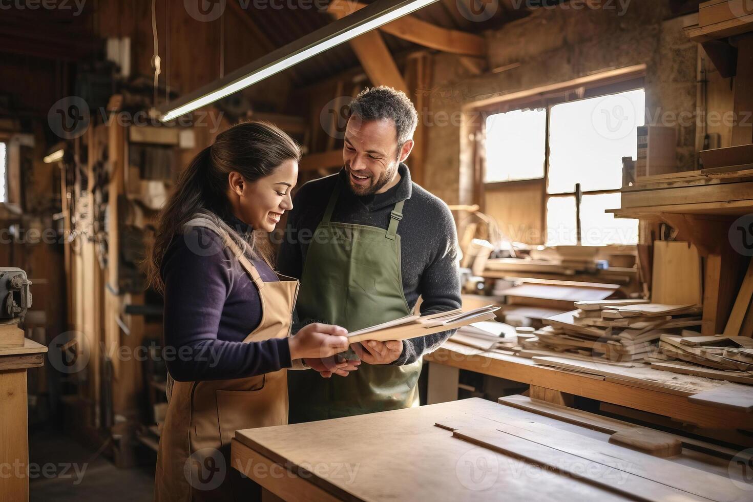 Couple of woodworkers discussing papers and working. photo