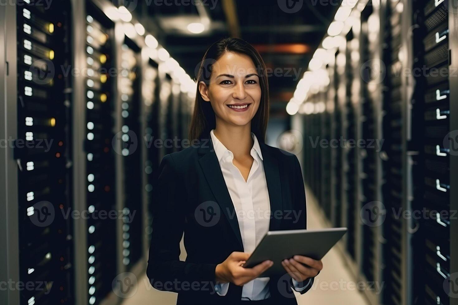 Data Center Female e-Business Entrepreneur Use Tablet Computer with Pleasure Smile. photo