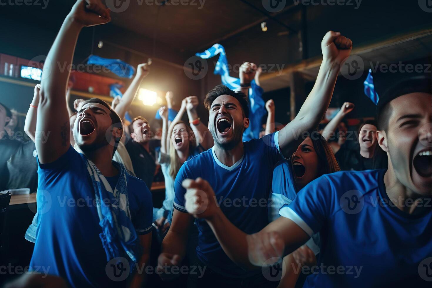Group of Soccer Fans Cheering Screaming Raising Hands. photo