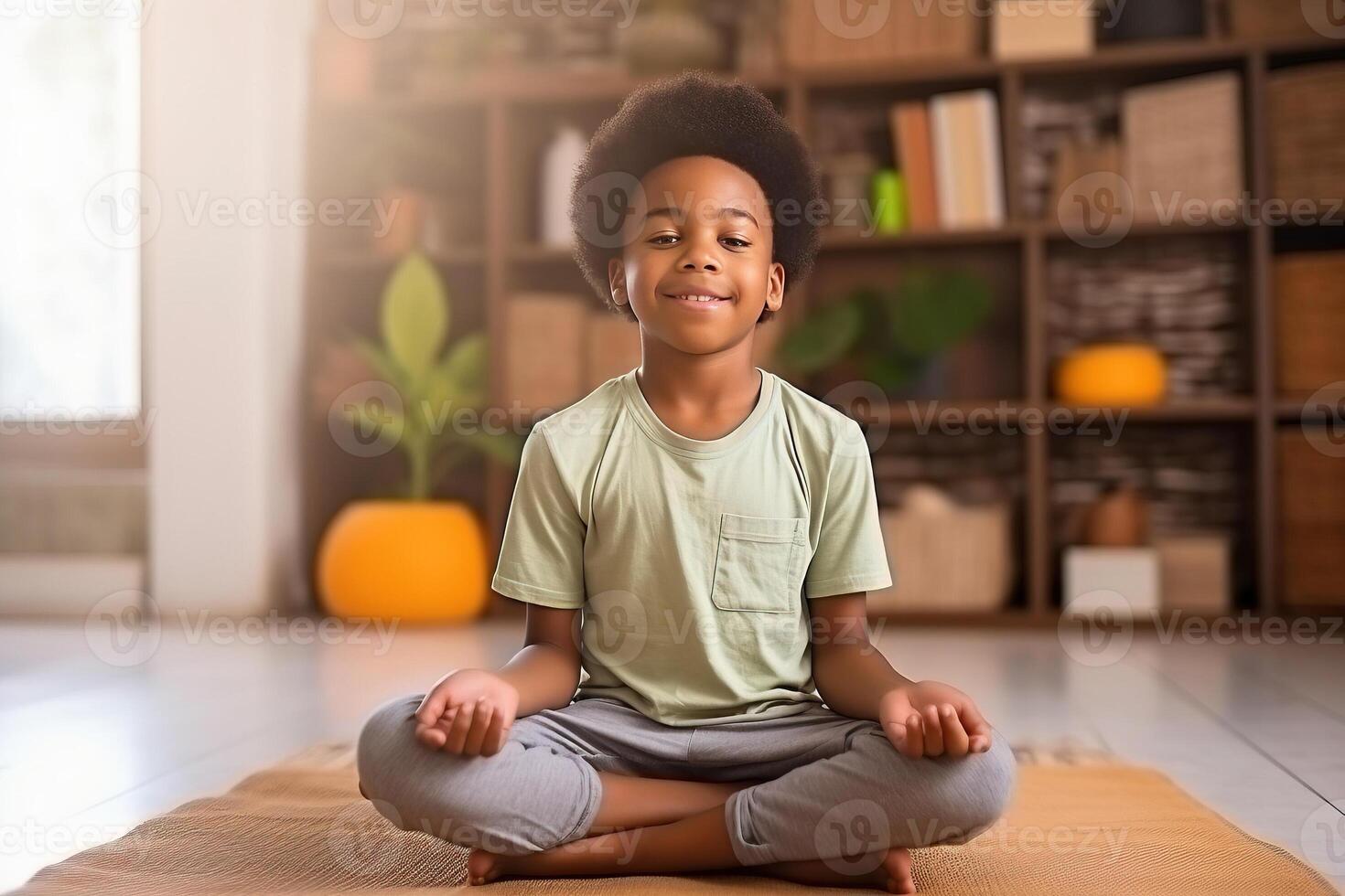 Happy afro boy in lotus pose. photo