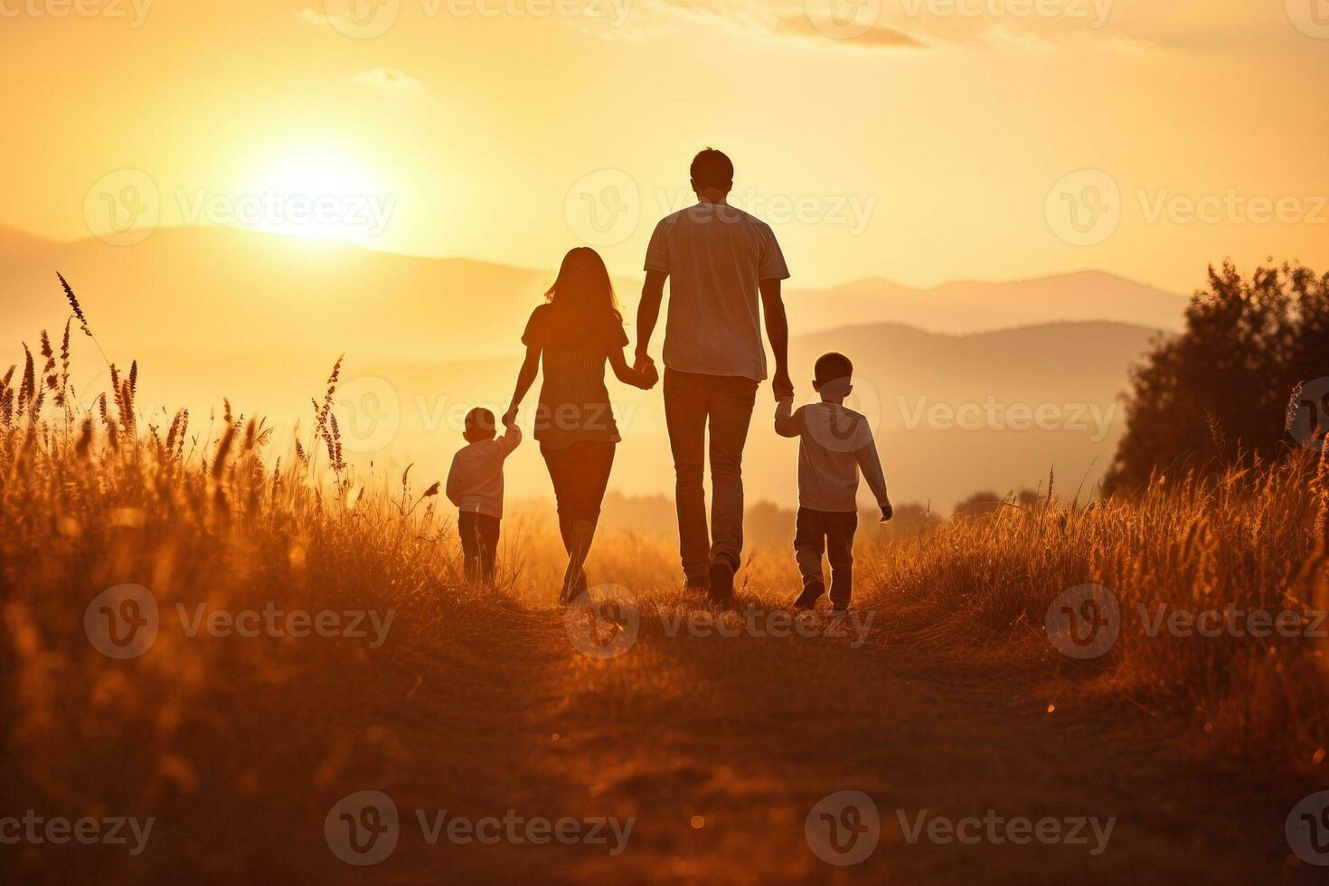 contento familia padre, madre y niño hija lanzamiento un cometa en naturaleza a puesta de sol. ai generado foto