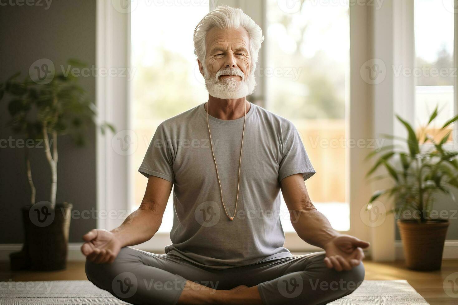Mature senior man practicing yoga at home . AI Generated photo