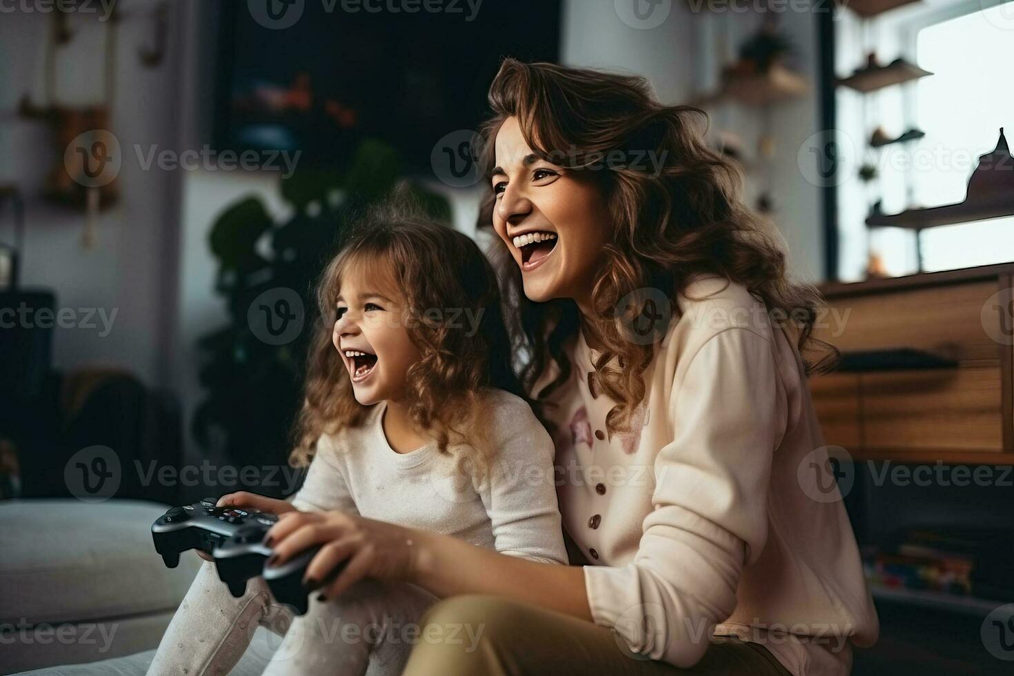 Mother and daughter laugh and play video games together. AI Generated photo