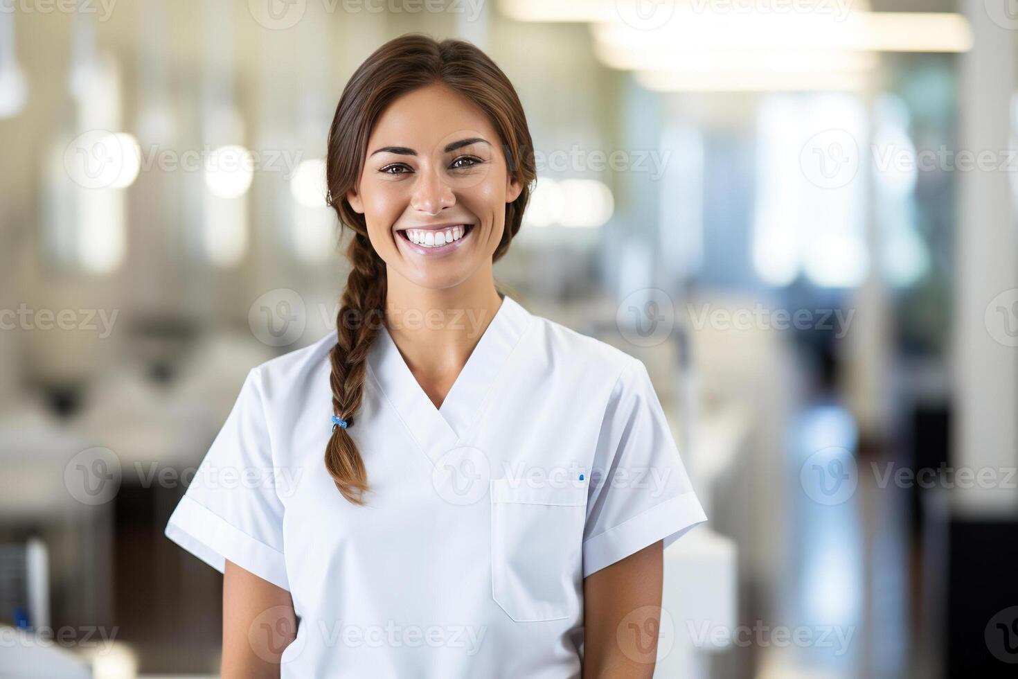 Portrait of a proud female dental hygienist student in college, smiling confidently as she represents her future occupation and the value of education . photo
