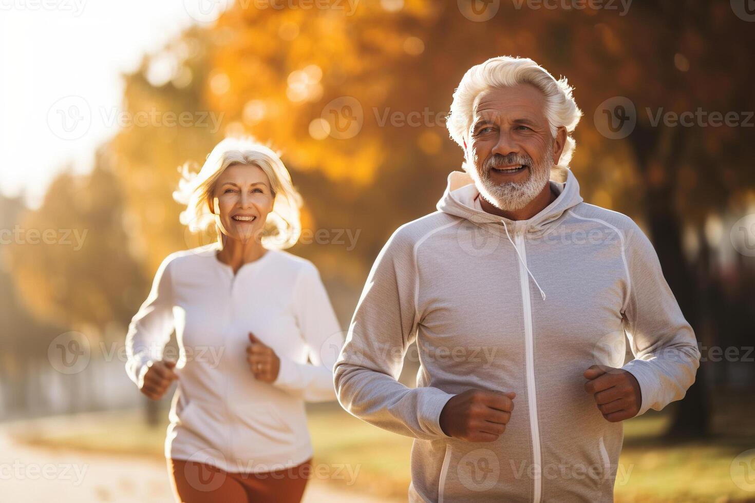 Portrait of lovely happy elderly couple on morning run outside in city park. AI Generated photo