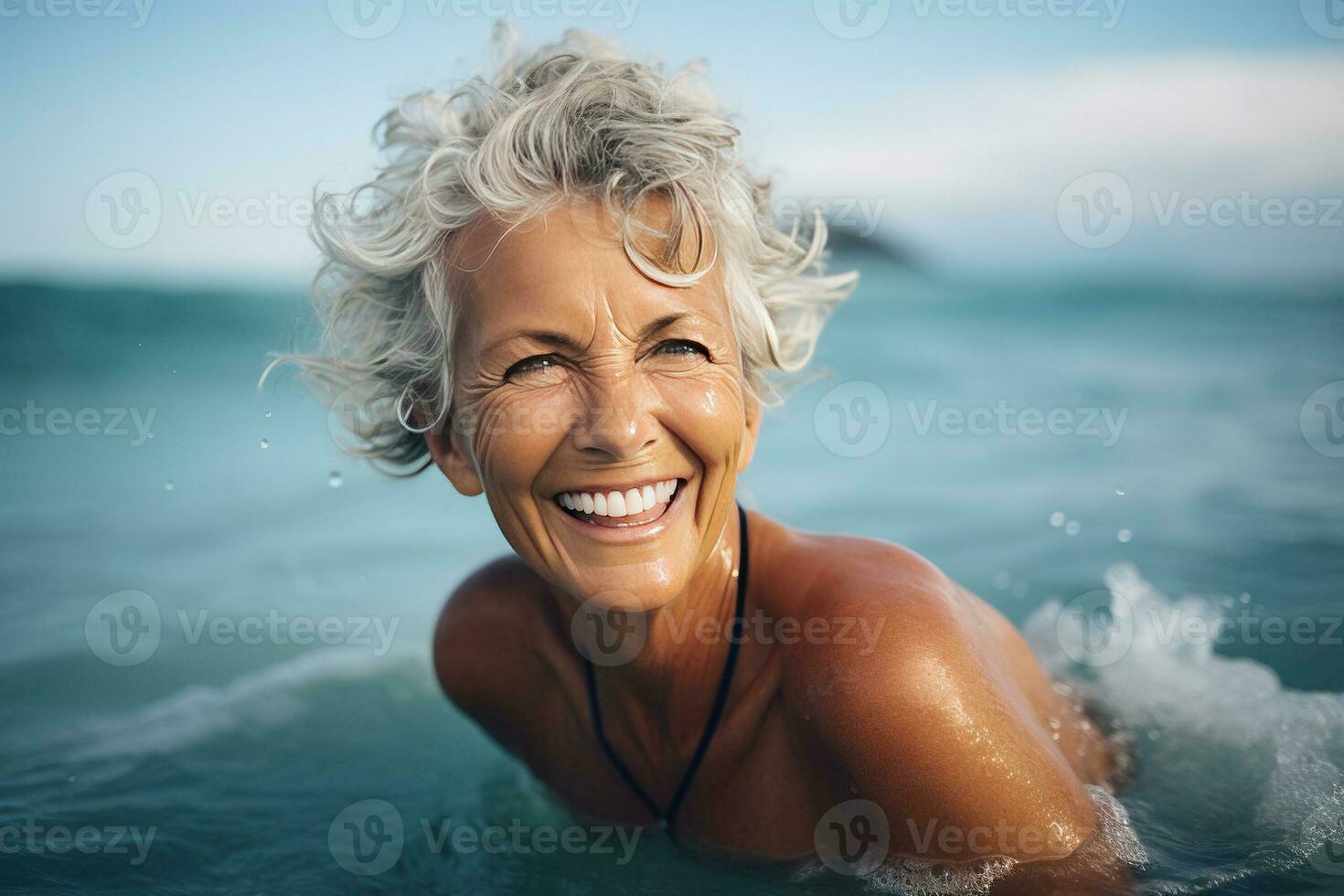Portrait of mature senior woman in the sea . AI Generated photo