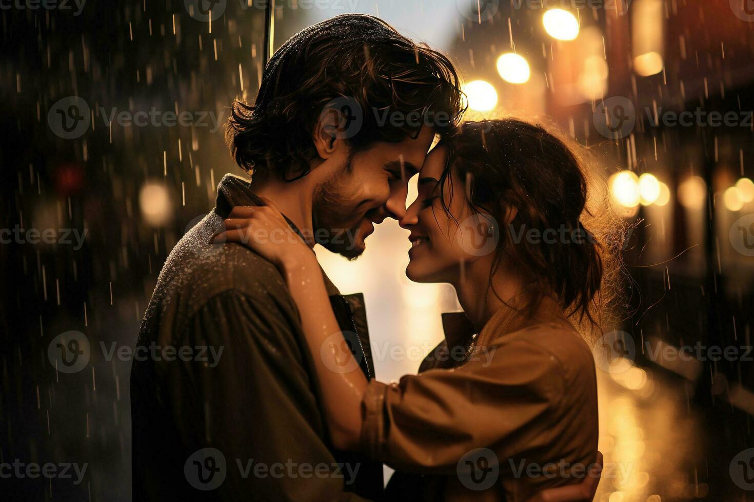 Romantic couple hugging in the rain. AI Generated photo