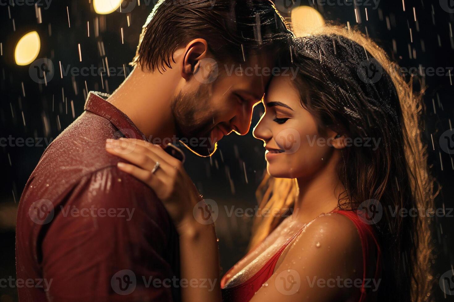 Romantic couple hugging in the rain. AI Generated photo