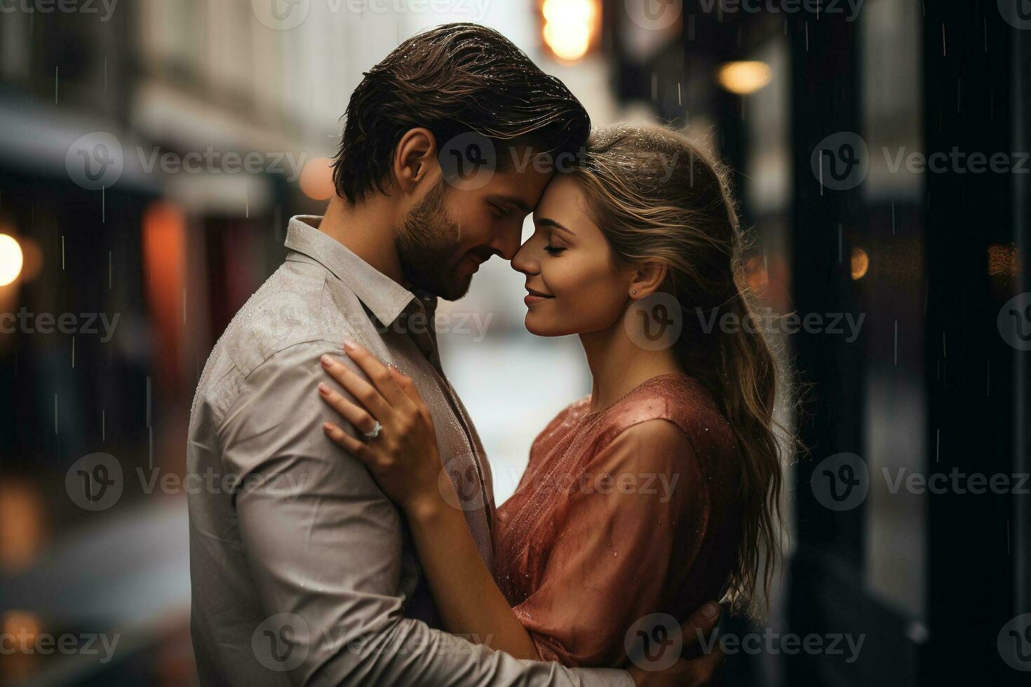 romántico Pareja abrazando en el lluvia. ai generado foto