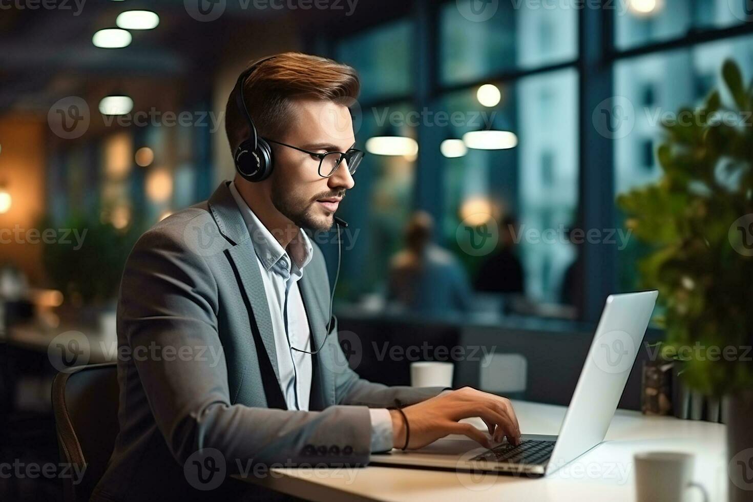 Serious Young Caucasian Man with Headset Successful Manager of  