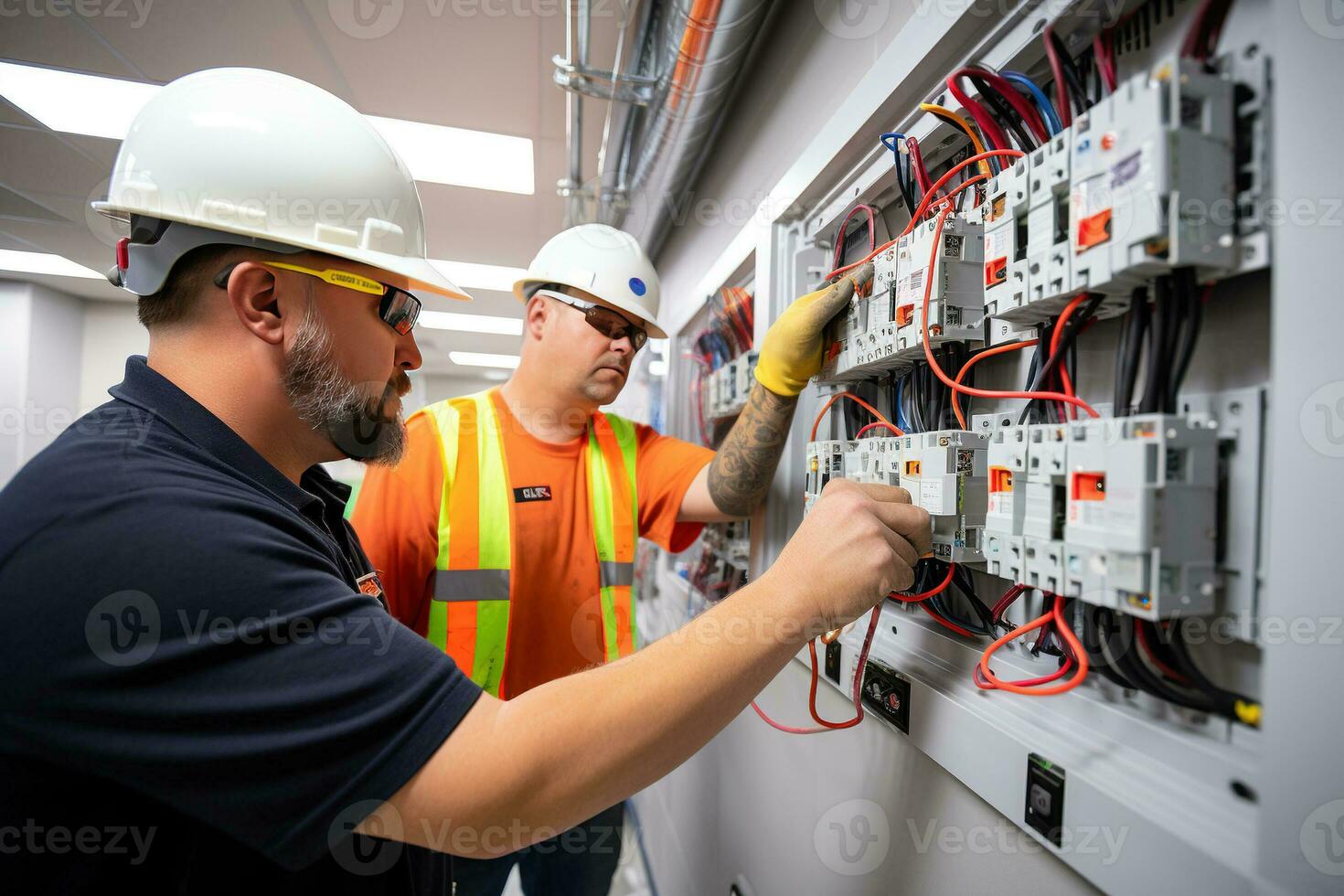 dos profesional masculino electricistas colaborativamente trabajando en un fusible caja, enfatizando el importancia de comercio habilidades, seguridad, y aprendizaje. ai generado foto