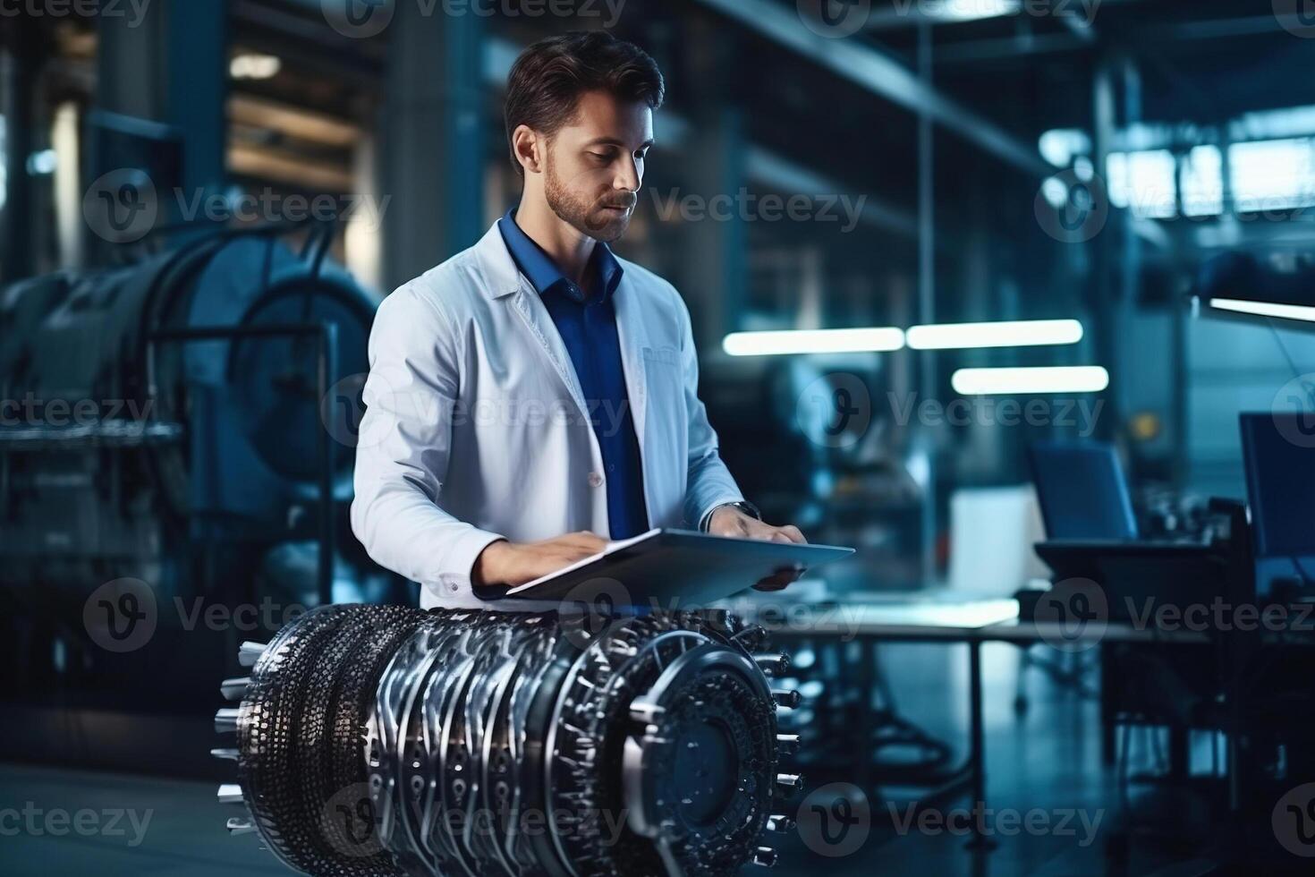 Young Industrial Engineer Working on a Futuristic Jet Engine, Standing with Laptop Computer in Scientific Technology Lab. Scientist Developing a New Electric Motor in a Research Facility. photo