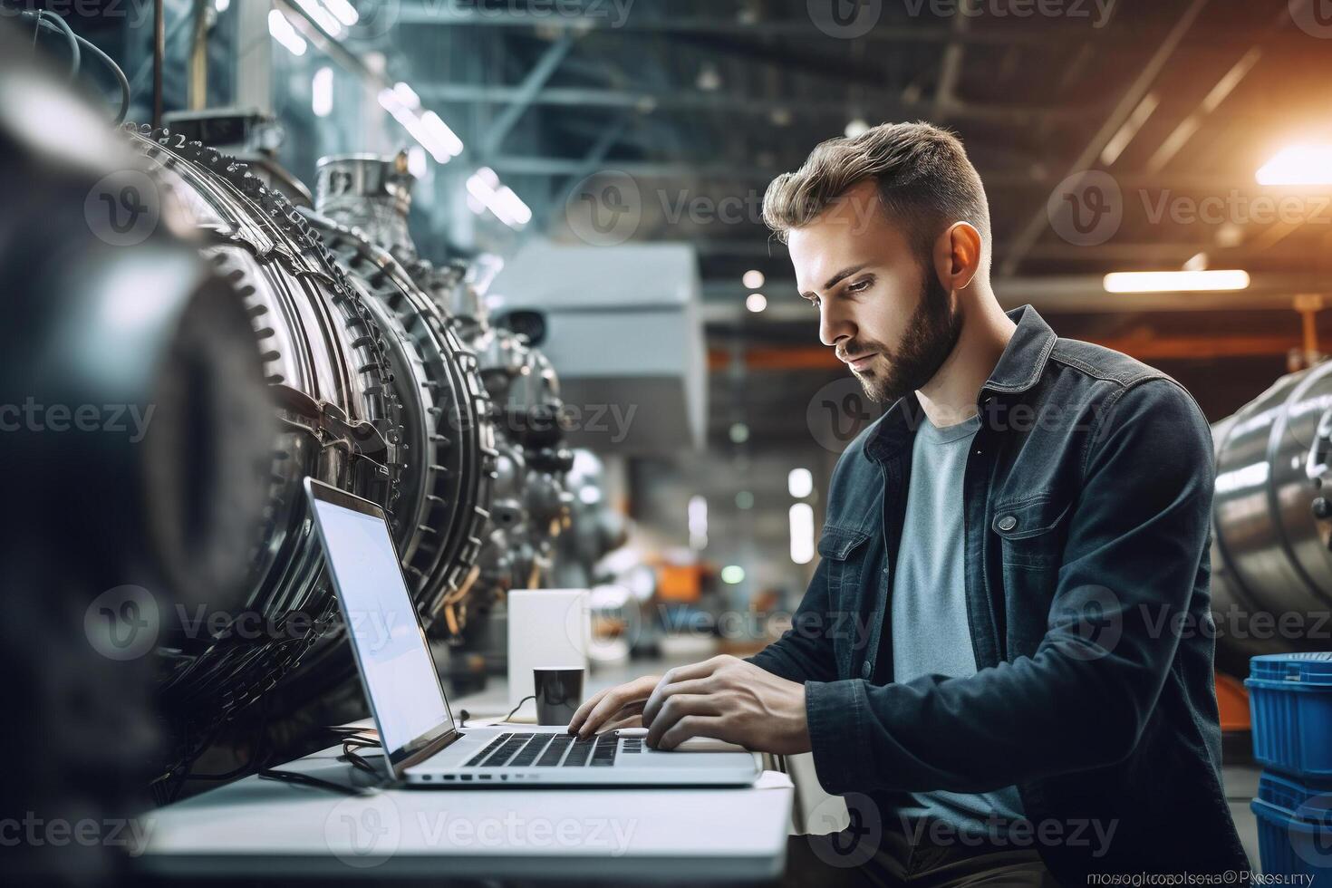 Young Industrial Engineer Working on a Futuristic Jet Engine, Standing with Laptop Computer in Scientific Technology Lab. Scientist Developing a New Electric Motor in a Research Facility. photo