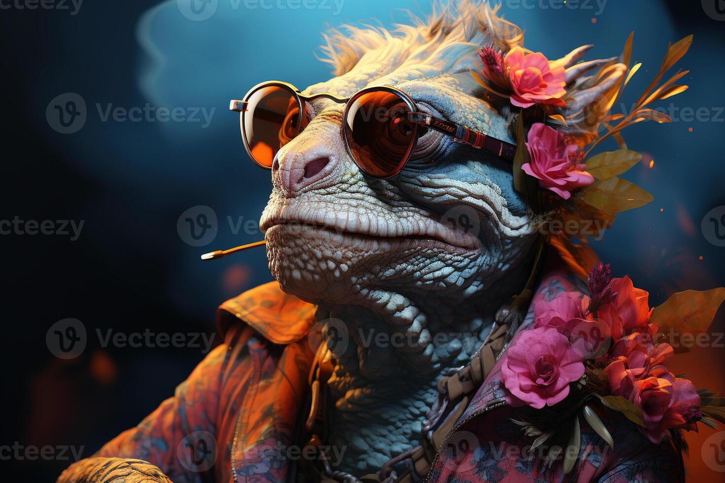 A hippie chameleon smoking weed . photo