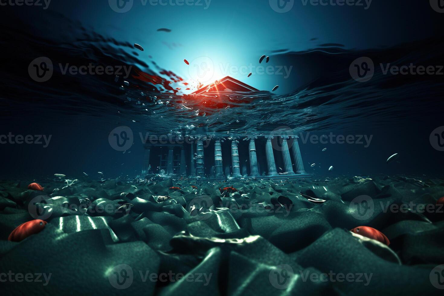 Bank Crisis and Banking system drowning in debt as a financial instability or insolvency concept as an urgent business and global market problem. photo